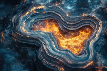 Abstract art depicting layered, swirling textures of deep blue and glowing orange, resembling a fiery geological formation or cosmic nebula.