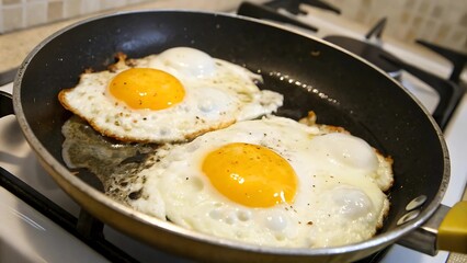 Fried egg in a frying pan on the stove.