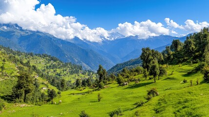 Obraz premium Lush green valley with distant mountains, clear blue sky, and scattered clouds