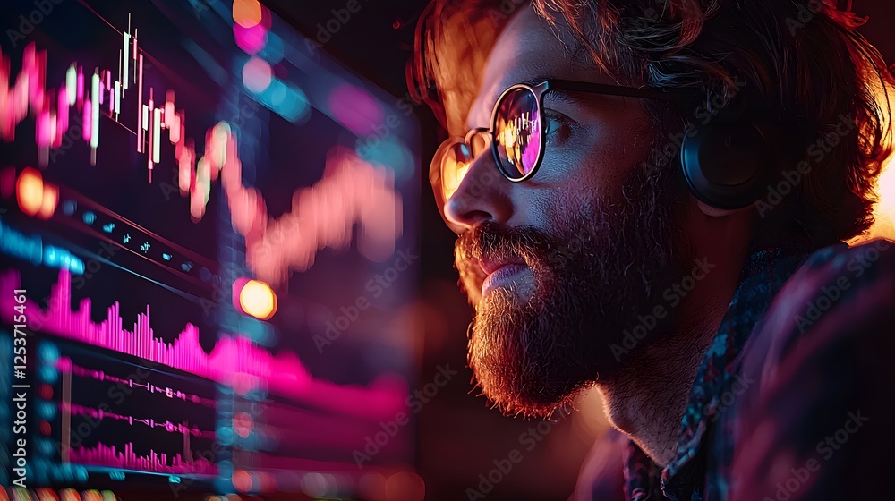 Poster young man analyzing financial data on computer screen at night