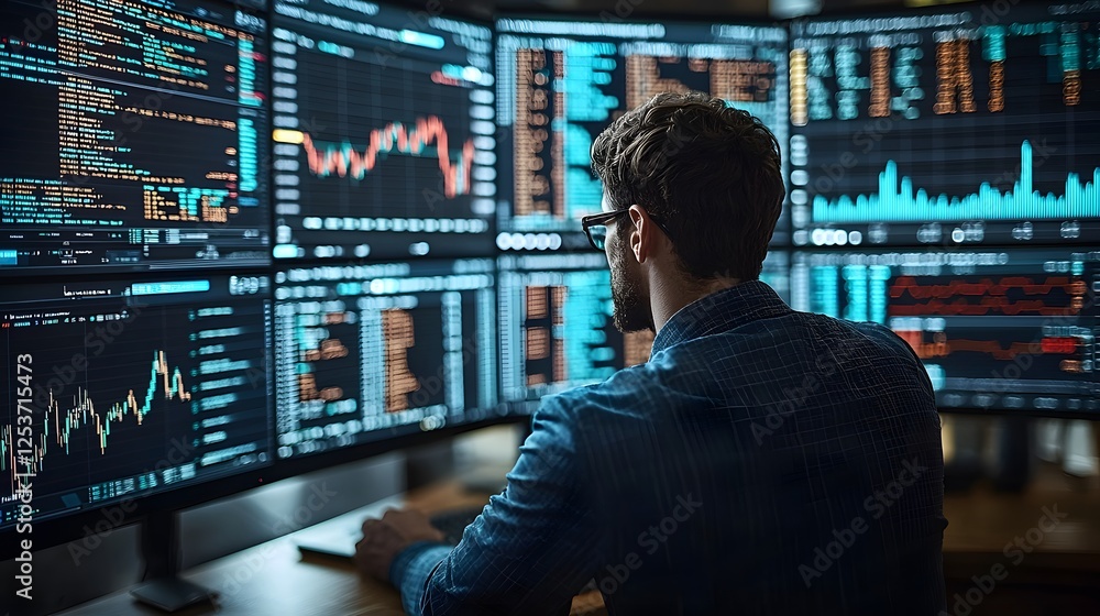 Poster data analyst working with multiple screens in modern office environment