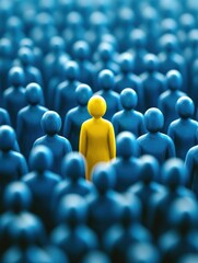 Obraz premium Yellow Figure Standing Out in a Crowd of Blue Figures, Symbolizing Individuality, Leadership, and Unique Identity in Recruitment and Business Strategy.