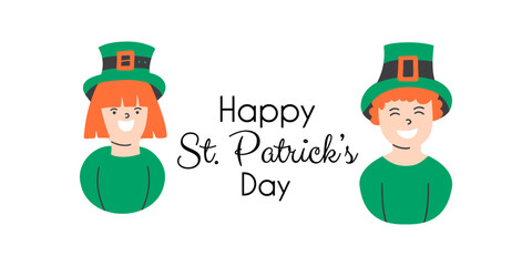 Happy Saint Patrick's Day banner with kids with leprechaun hats