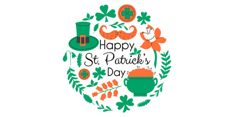 Happy St. Patrick's Day set of holiday symbolic elements. Leprechaun hat, mustache, clover vector hand drawn elements.