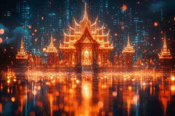 Obraz premium Holographic Thai temple emerging from quantum data stream