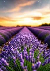 Fototapeta premium Vibrant Lavender Field at Sunset: A Close-Up View of Purple Flowers with a Soft Focus Background of a Serene Landscape Under a Starry Sky
