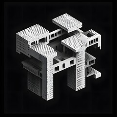 Intricate Architectural Model of Layered H Shaped Blocks in Monochrome