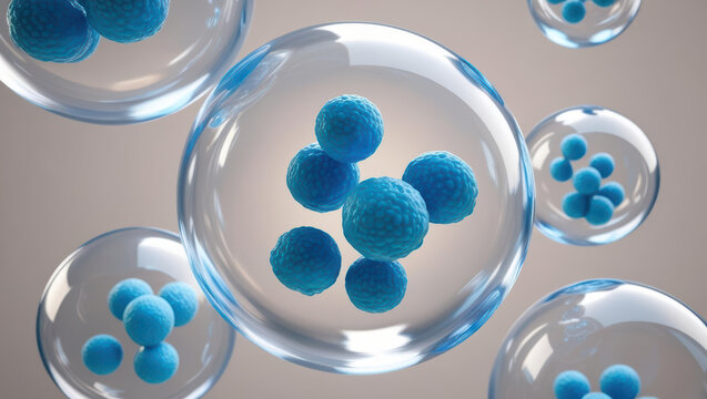 Blue exosome particles are encapsulated transparent spheres, showcasing 3D visualization for biotechnology research. image highlights intricate structure and potential applications medical science