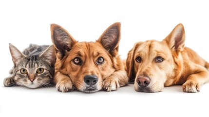 Fototapeta premium Cat and two dogs lying down together.