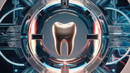holographic tooth is displayed at center of futuristic technology background, surrounded by intricate digital elements and glowing lights