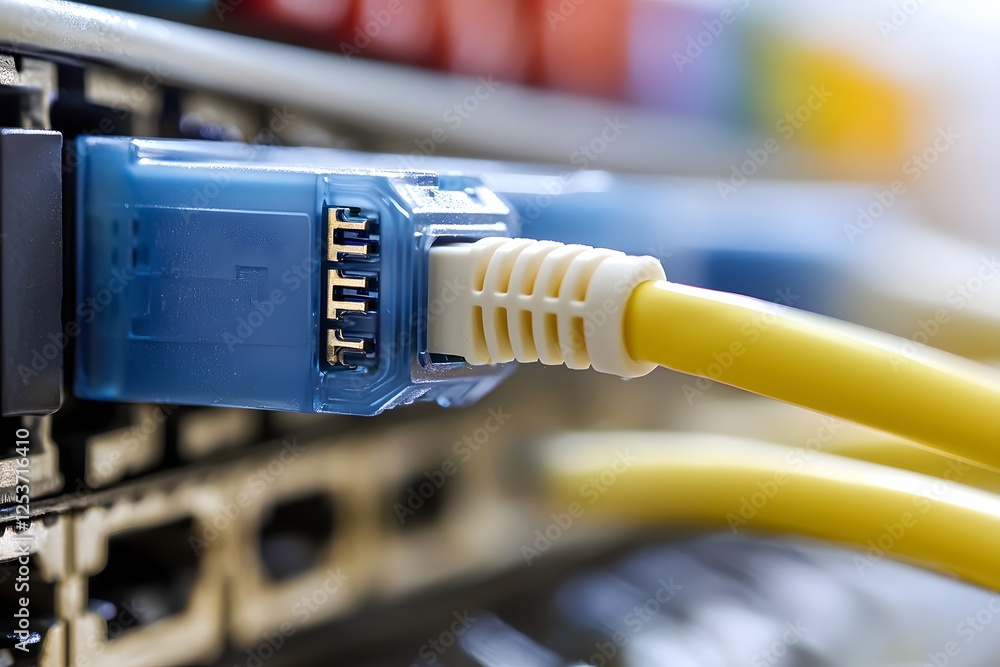 Poster network connectivity: a close-up of a yellow ethernet cable plugged into a blue port on a server, sy