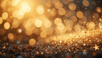 Golden Christmas lights with a glowing bokeh background and a sparkling golden Christmas tree