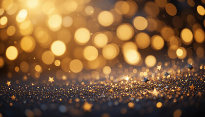 Golden Christmas lights with a glowing bokeh background and a sparkling golden Christmas tree