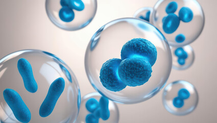 Blue exosome particles transparent spheres are visualized 3D, showcasing biotechnology concepts
