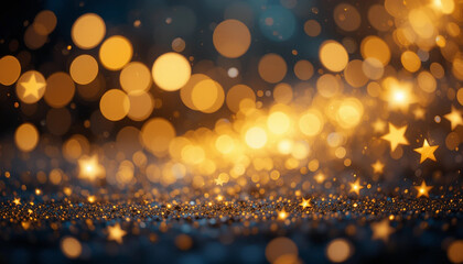 Golden Christmas lights with a glowing bokeh background and a sparkling golden Christmas tree