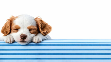 Sleeping puppy on a striped surface, isolated on white background.  Perfect for adoption campaigns and ads