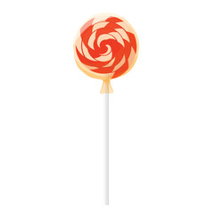 Lollipop on wooden stick isolated on white background. Swirled round candy lollipop wrapped in paper
