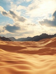 Naklejka premium A vibrant digital environment creation presents a sprawling desert landscape with undulating dunes and dramatic skies. The attention to detail and lifelike rendering of the virtual terrain make this