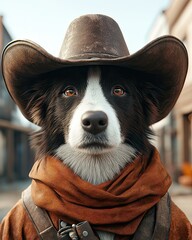 dogs in historical military, Cowboy dog with a hat and bandana.