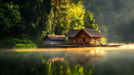 Fototapeta premium Tranquil Lakeside Cabins at Dawn with Forest Backdrop and Gentle Fog