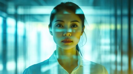 Woman looking directly at the camera, superimposed over a glowing technological background.