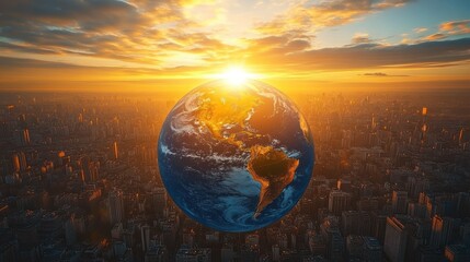 Sunrise Over Global Metropolis: A Vibrant Dawn Illuminates Earth and Cityscape