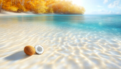 Obraz premium Two coconut halves on a tropical beach with clear water and lush foliage, for health, travel or vacation