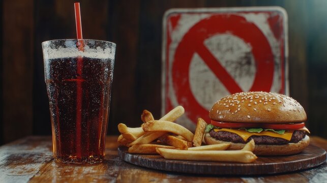 fast food, low carb diet, fattening and unhealthy eating concept - close up of fast food snacks and cola drink on wooden table behind no symbol or circle-backslash prohibition sign