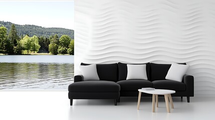 Modern Minimalist Living Room With Lake View