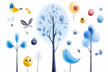 Whimsical Nature Scene Cartoon-style birds, leaves, plants and water drops against white. For children's books and educational materials