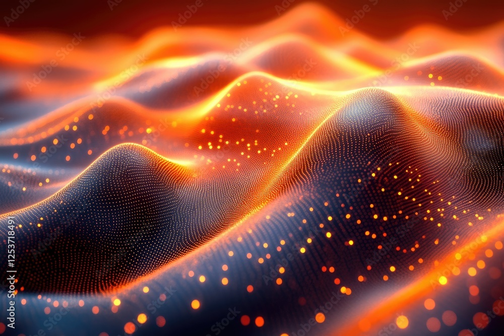 Wall mural abstract 3d rendering of glowing orange and dark blue wavy surface with particles.