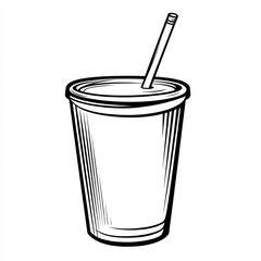 Outline drawing of disposable beverage cup with straw