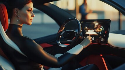 Smart electric car concept. Pretty woman in formal wear, controlling modern electric self-steering car with a digital dashboard screen, switching autopilot mode