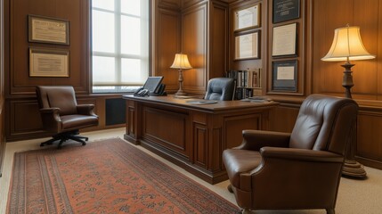 Classic Formal Wooden Office Interior With Dark Brown Leather Furniture