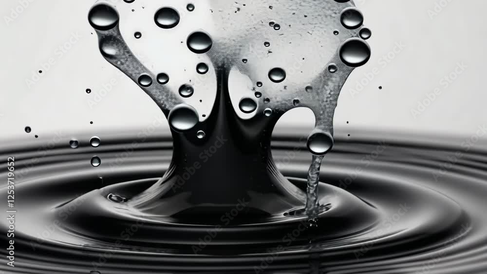 Poster water droplets create a captivating splash in a still black surface at high speed capturing a moment