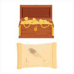 Pirate treasure chest full of gold and diamonds, pirate treasure map