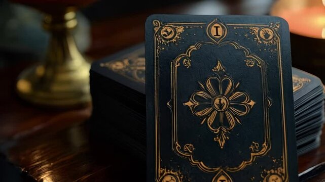 Elegant closeup of ornate playing cards with candlelit ambiance