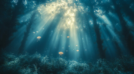 Fototapeta premium Light filtering through underwater forest with jellyfish in a serene aquatic ecosystem