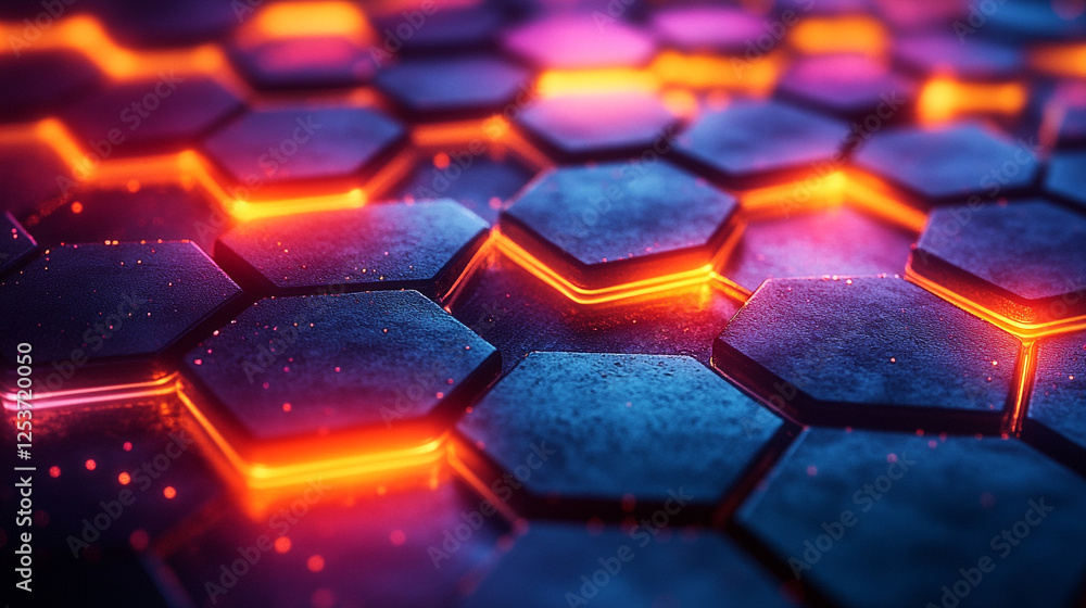 Poster neon hexagonal patterns create a vibrant visual effect in a digital environment