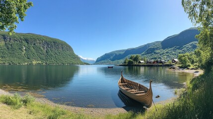 Obraz premium Wooden boat on fjord shore, mountains backdrop; summer travel