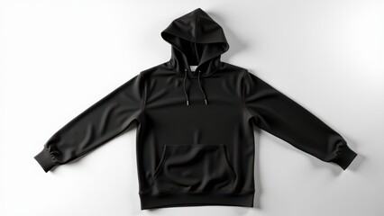 Hoodie Mockup on Flat Lay, White surface black hoodie laid with sleeve extended photorealistic.