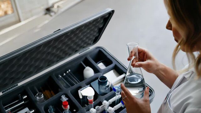 Female scientist in lab coat carefully examines liquid sample in erlenmeyer flask, utilizing portable lab kit containing various scientific instruments.