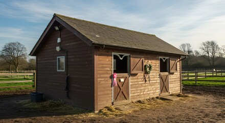Horse stable with pink ribbon on a stall door shaped like a heart