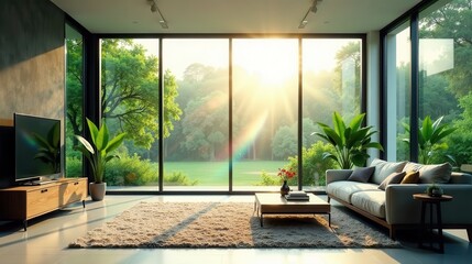 Fototapeta premium Sunlit Modern Living Room with Expansive Window Views and Lush Greenery