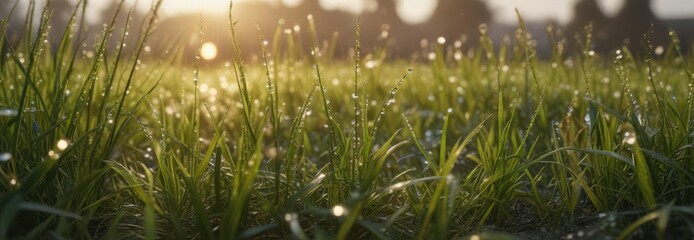 Wet grass with dew drops in a field at sunrise, wet grass, environment, nature, natural