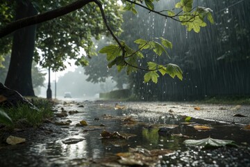 Fototapeta premium Wet leaves and branches under heavy rainfall creating a puddle on the ground, ground, nature