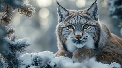 Obraz premium Majestic Lynx in a Winter Wonderland Surrounded by Snowy Landscape and Woodland Framing the Beautiful Scene in Nature's Embrace