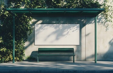 Blank White Poster Mockup on Outdoor Bus Stop with Green Metal Frame and Roof Side View in High