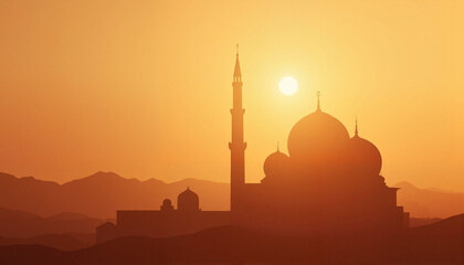 Warm mosque silhouette at sunset with gradient sky, Eid al-Adha celebration