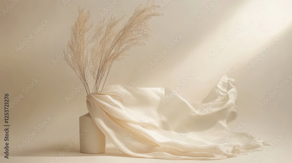 Poster elegant silk draping with dried flowers on a neutral background in soft lighting. generative ai